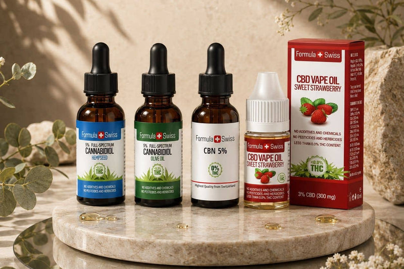 Formula Swiss CBD ulja 5 % u ulju konopljinih sjemenki i maslinovu ulju, CBN ulje 5 % i CBD tekućina za vape s jagodom na mramornom postolju