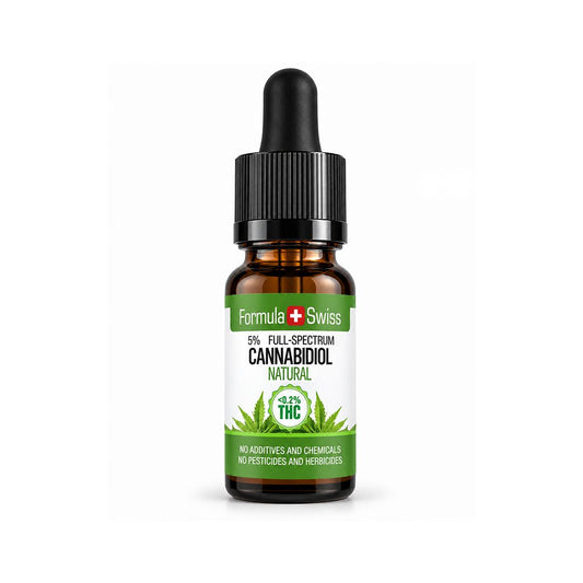 Bočica od 10 ml s kapaljkom: prirodno CBD ulje Formula Swiss s 5 % CBD-a punog spektra, bijelo-zelena etiketa