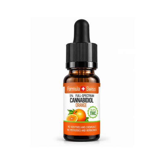 Bočica s kapaljkom: CBD ulje s aromom naranče Formula Swiss, 5 % CBD-a punog spektra, manje od 0,2 % THC-a, bijela pozadina