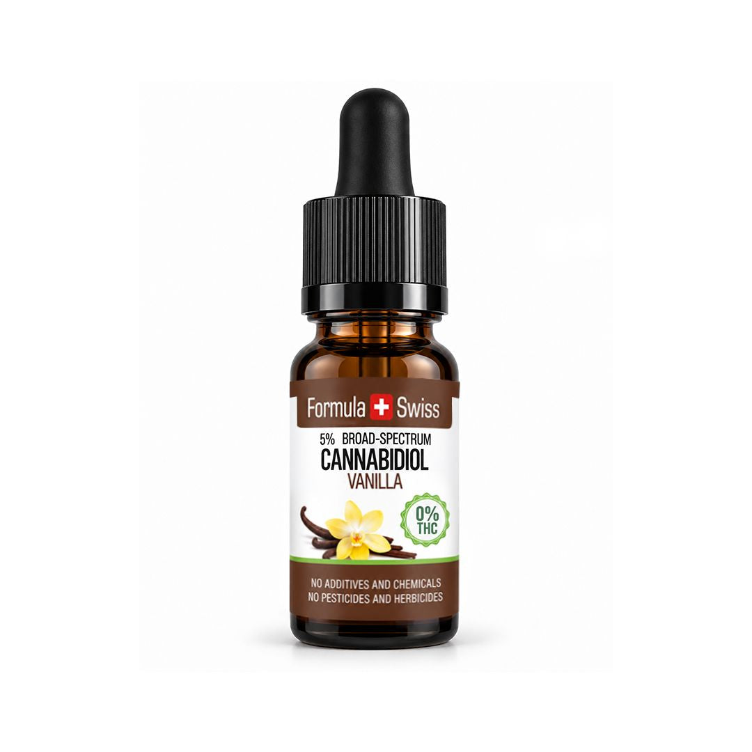 Bočica s kapaljkom: CBD ulje s aromom vanilije Formula Swiss, 5 % CBD-a širokog spektra, etiketa s cvjetovima vanilije