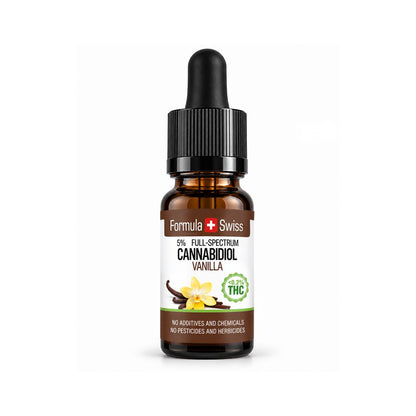 Bočica s kapaljkom: CBD ulje s aromom vanilije Formula Swiss, 5 % CBD-a punog spektra, etiketa s cvjetovima vanilije