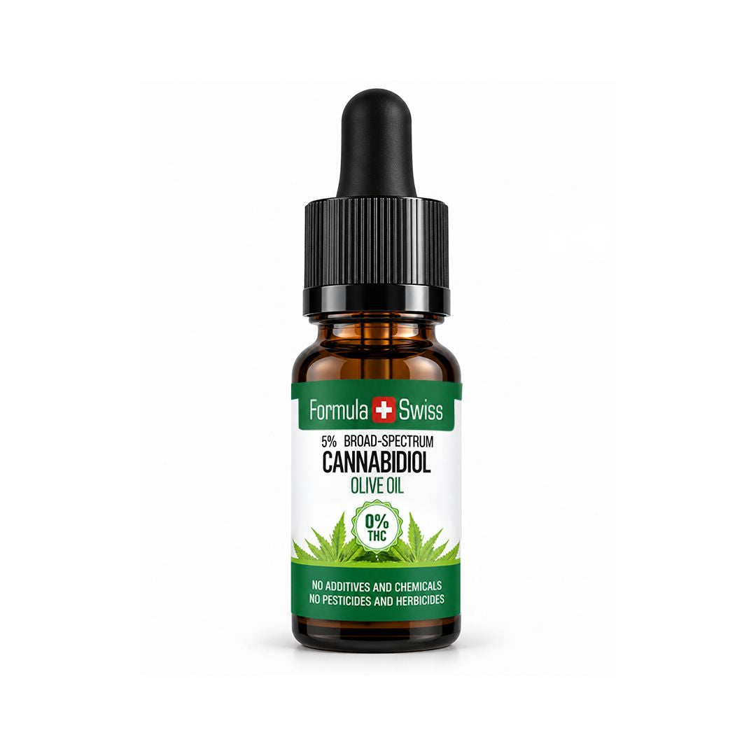 Bočica od jantarnog stakla s kapaljkom: CBD ulje u maslinovu ulju Formula Swiss, 0 % THC-a, na svijetlosivoj pozadini