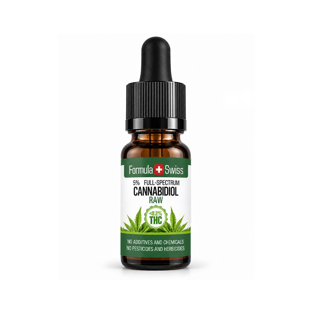 Bočica od 10 ml s kapaljkom: RAW CBD ulje Formula Swiss s 5 % CBD-a punog spektra, bijela etiketa sa zelenim listom konoplje