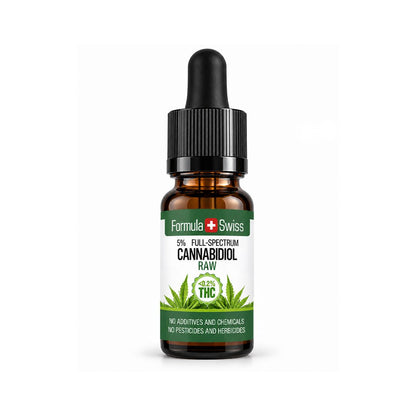 Bočica od 10 ml s kapaljkom: RAW CBD ulje Formula Swiss s 5 % CBD-a punog spektra, bijela etiketa sa zelenim listom konoplje